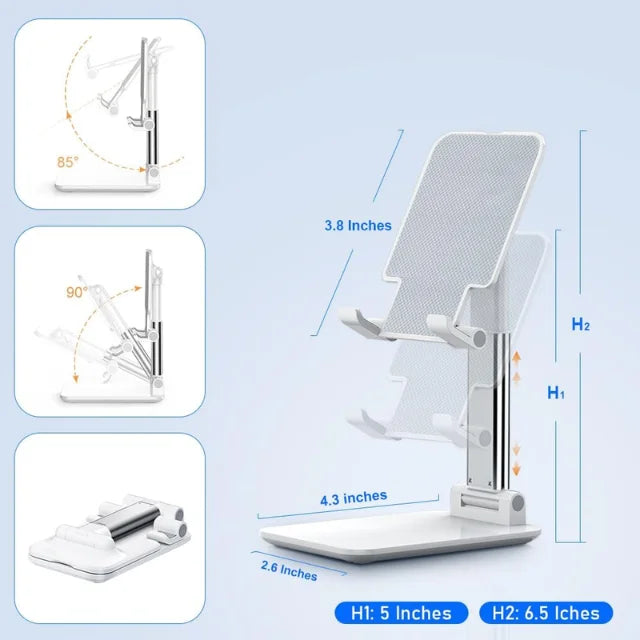 Ergonomic desk stand for smartphones and tablets with adjustable angles